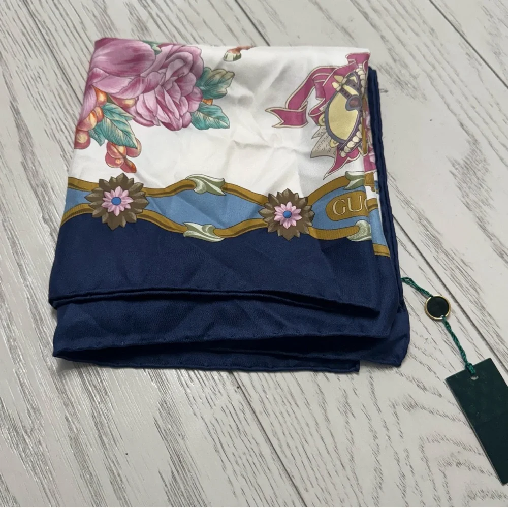 Gucci Navy Cream Silk Scarf with Floral Baroque Design